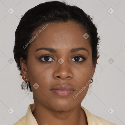 Neutral latino young-adult female with short  brown hair and brown eyes