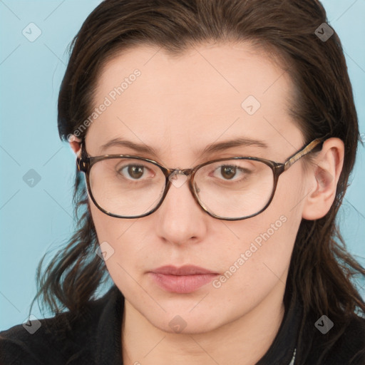 Neutral white young-adult female with medium  brown hair and brown eyes