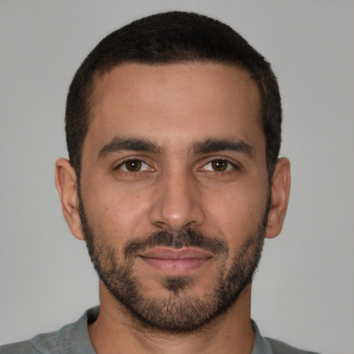 Neutral white young-adult male with short  black hair and brown eyes