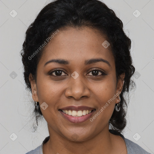 Joyful black young-adult female with medium  black hair and brown eyes