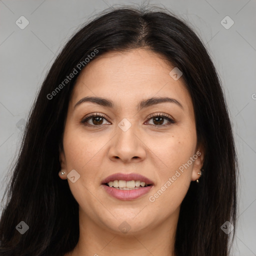 Joyful white young-adult female with long  brown hair and brown eyes