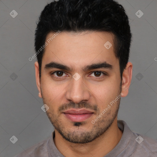 Neutral white young-adult male with short  black hair and brown eyes