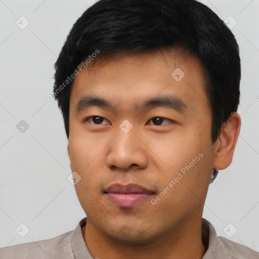 Neutral asian young-adult male with short  black hair and brown eyes