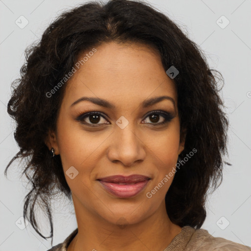 Joyful black young-adult female with medium  brown hair and brown eyes