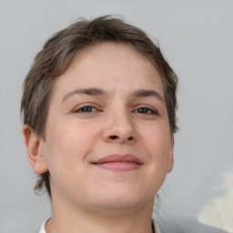 Neutral white young-adult female with short  brown hair and brown eyes