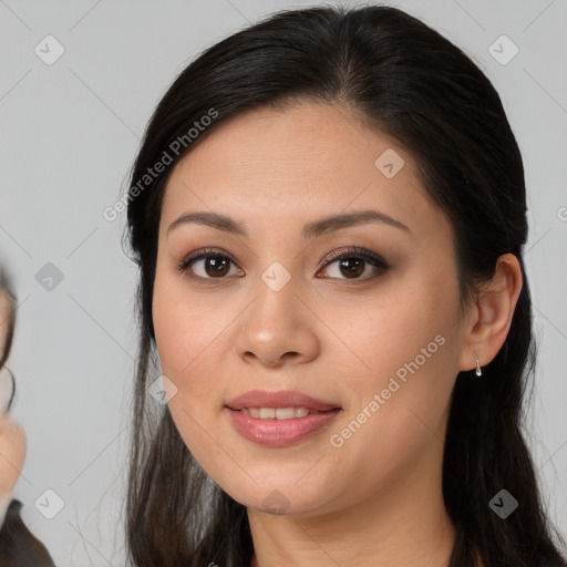 Joyful white young-adult female with long  brown hair and brown eyes