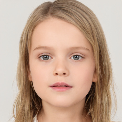 Neutral white child female with medium  brown hair and blue eyes