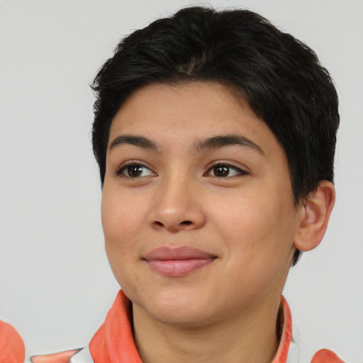 Joyful asian young-adult female with short  brown hair and brown eyes