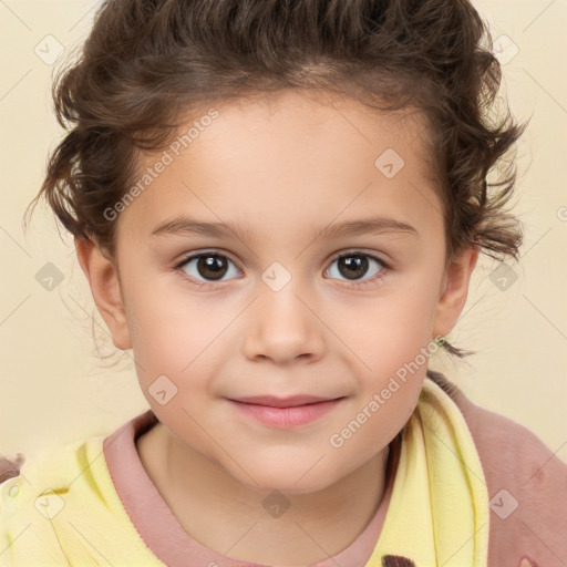 Joyful white child female with short  brown hair and brown eyes