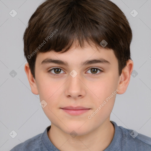 Joyful white child male with short  brown hair and brown eyes