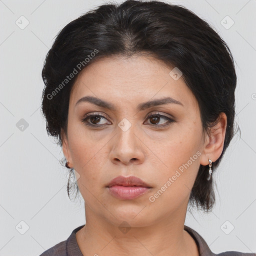 Neutral asian young-adult female with medium  brown hair and brown eyes