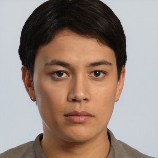 Neutral asian young-adult male with short  brown hair and brown eyes
