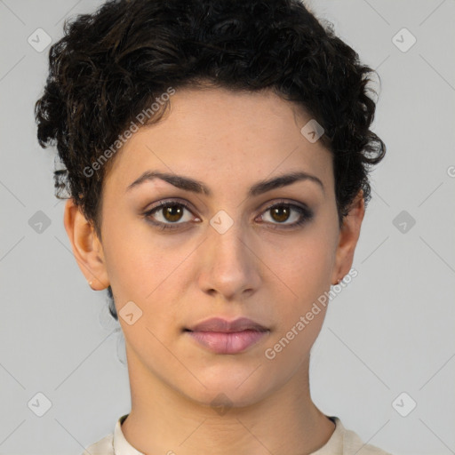 Neutral white young-adult female with short  brown hair and brown eyes