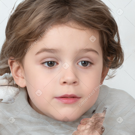 Neutral white child female with medium  brown hair and grey eyes