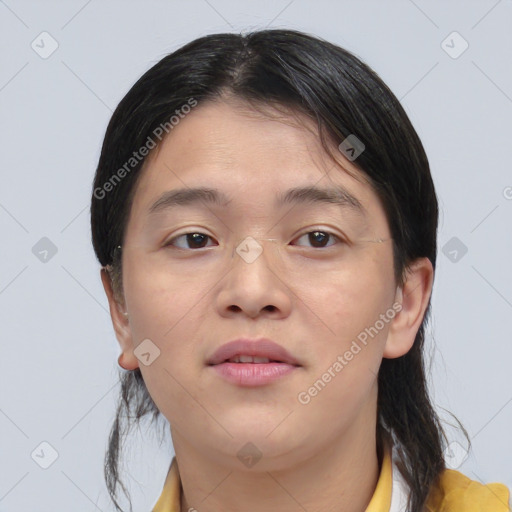 Neutral white young-adult female with medium  brown hair and brown eyes