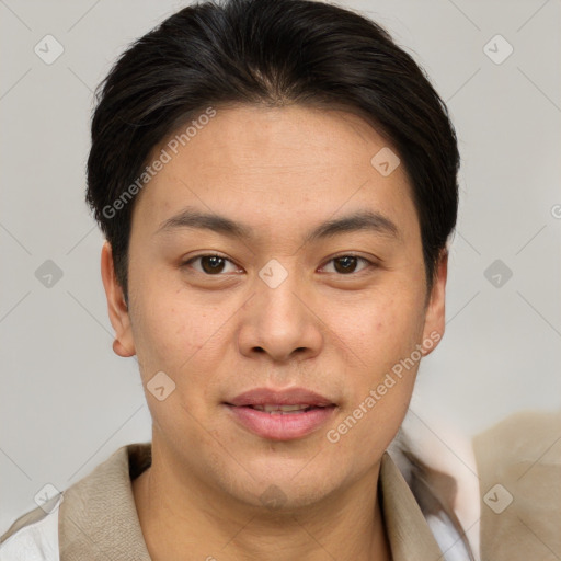 Joyful asian young-adult male with short  brown hair and brown eyes