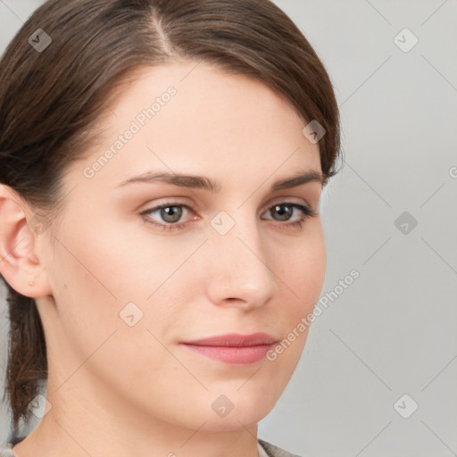 Neutral white young-adult female with medium  brown hair and brown eyes