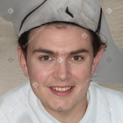 Joyful white young-adult male with medium  brown hair and brown eyes