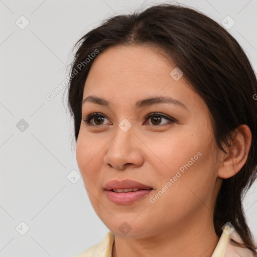 Joyful white young-adult female with medium  brown hair and brown eyes