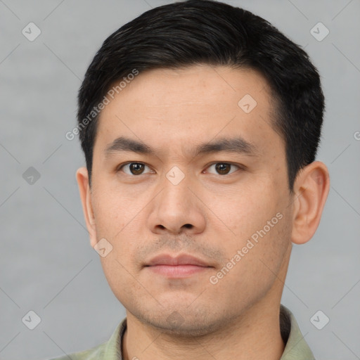 Neutral asian young-adult male with short  black hair and brown eyes