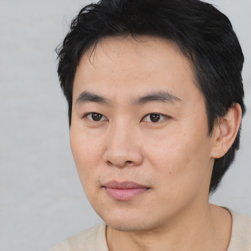 Neutral asian young-adult male with short  black hair and brown eyes