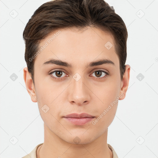 Neutral white young-adult male with short  brown hair and brown eyes