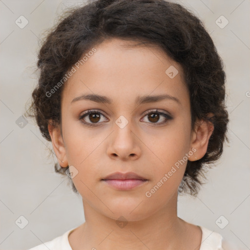 Neutral white young-adult female with short  brown hair and brown eyes