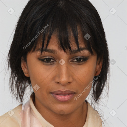 Neutral asian young-adult female with medium  brown hair and brown eyes