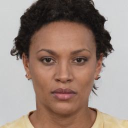 Neutral black adult female with short  brown hair and brown eyes