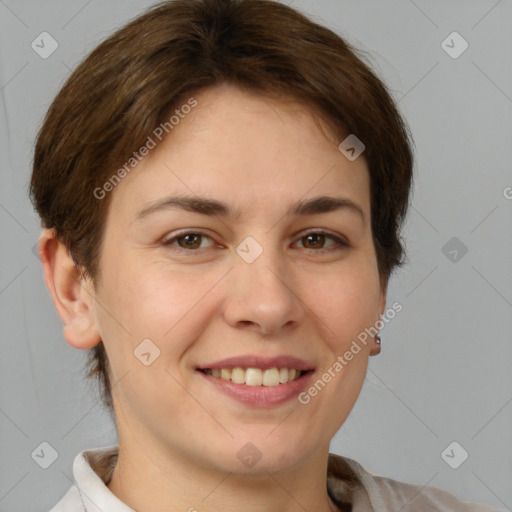 Joyful white young-adult female with short  brown hair and brown eyes