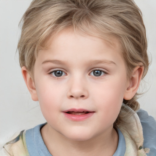 Joyful white child female with medium  brown hair and grey eyes