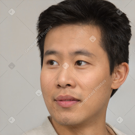 Neutral asian young-adult male with short  brown hair and brown eyes