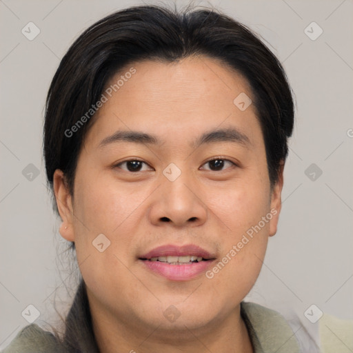 Joyful asian young-adult male with short  brown hair and brown eyes