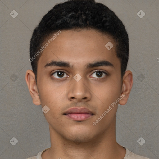 Neutral latino young-adult male with short  brown hair and brown eyes