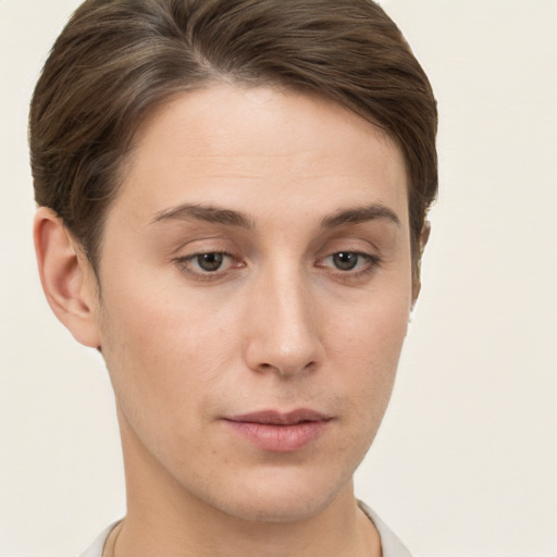 Neutral white young-adult female with short  brown hair and brown eyes