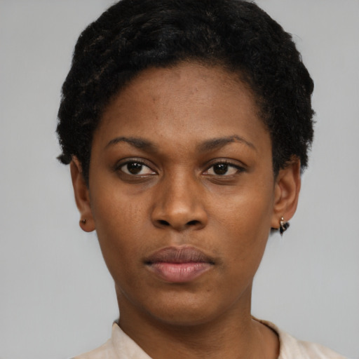 Neutral black young-adult female with short  black hair and brown eyes