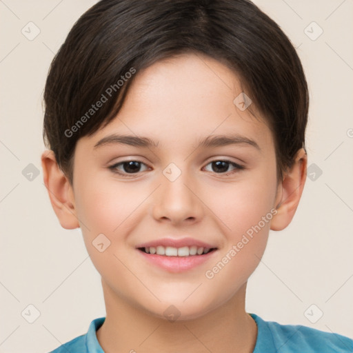 Joyful white child female with short  brown hair and brown eyes