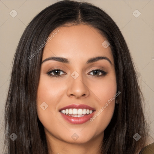 Joyful latino young-adult female with long  brown hair and brown eyes