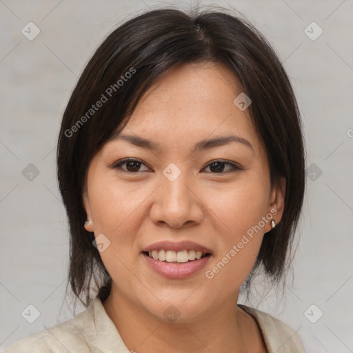 Joyful white young-adult female with medium  brown hair and brown eyes