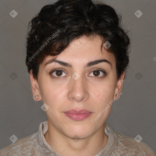 Neutral white young-adult female with short  brown hair and brown eyes