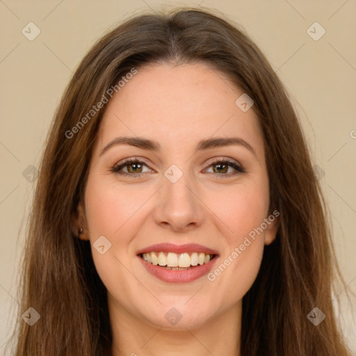 Joyful white young-adult female with long  brown hair and green eyes