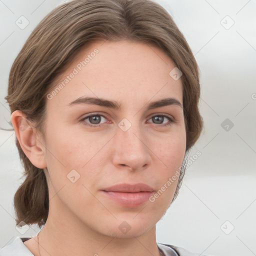 Neutral white young-adult female with medium  brown hair and grey eyes