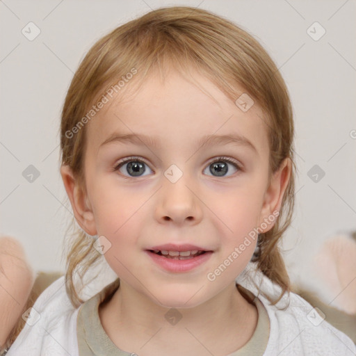 Joyful white child female with medium  brown hair and blue eyes