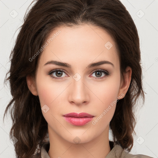 Neutral white young-adult female with medium  brown hair and brown eyes