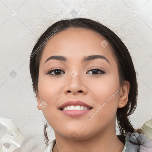 Joyful white young-adult female with medium  black hair and brown eyes