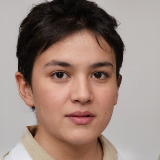 Neutral white young-adult female with short  brown hair and brown eyes