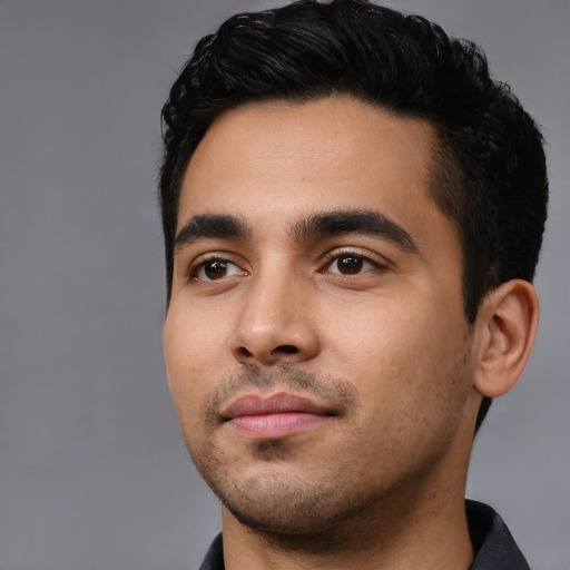 Neutral latino young-adult male with short  black hair and brown eyes