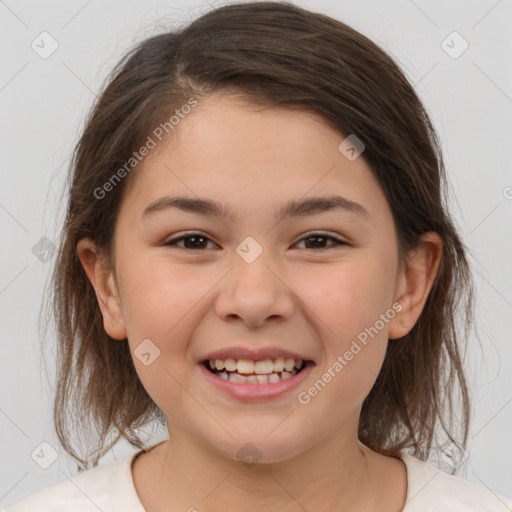 Joyful white child female with medium  brown hair and brown eyes