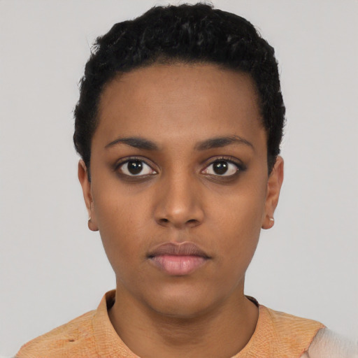 Neutral black young-adult female with short  black hair and brown eyes