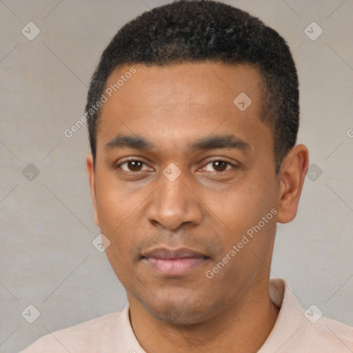 Neutral latino young-adult male with short  black hair and brown eyes